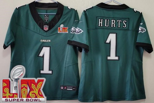 Women's Philadelphia Eagles #1 Jalen Hurts Limited Green Super Bowl LIX FUSE Vapor Jersey