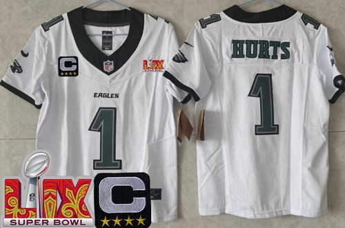 Women's Philadelphia Eagles #1 Jalen Hurts Limited White C Patch Super Bowl LIX FUSE Vapor Jersey