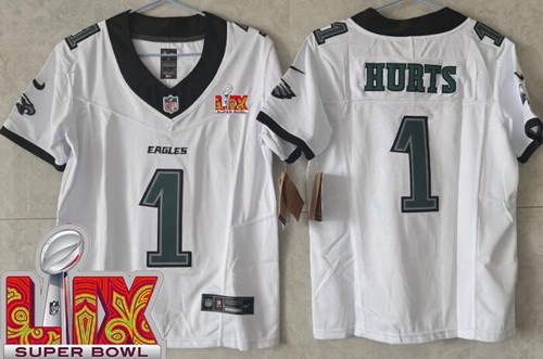 Women's Philadelphia Eagles #1 Jalen Hurts Limited White Super Bowl LIX FUSE Vapor Jersey