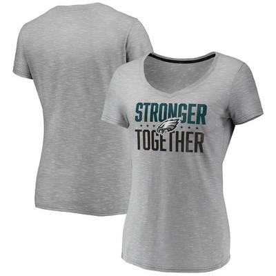 Women's Philadelphia Eagles Heather Charcoal Stronger Together V Neck Printed T-Shirt 0836