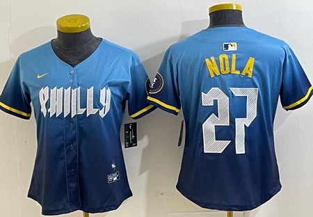 Women's Philadelphia Phillies #27 Aaron Nola Blue 2024 City Cool Base Jersey