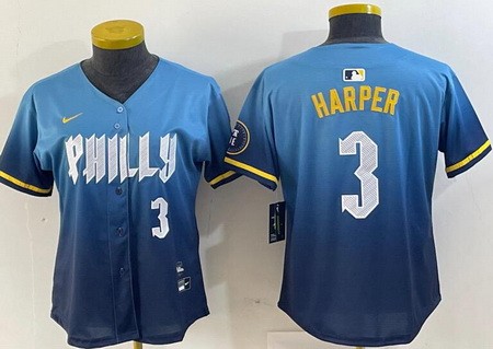 Women's Philadelphia Phillies #3 Bryce Harper Blue 2024 City Player Number Cool Base Jersey