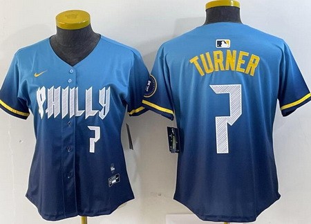 Women's Philadelphia Phillies #7 Trea Turner Blue 2024 City Player Number Cool Base Jersey