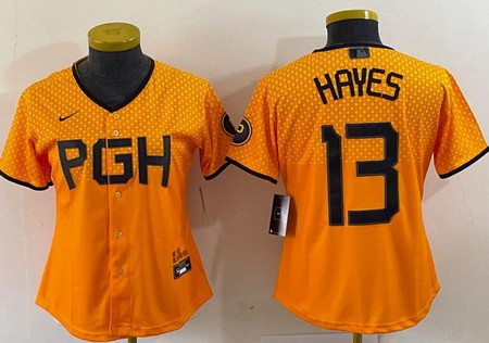 Women's Pittsburgh Pirates #13 Ke'Bryan Hayes Yellow 2023 City Connect Cool Base Jersey