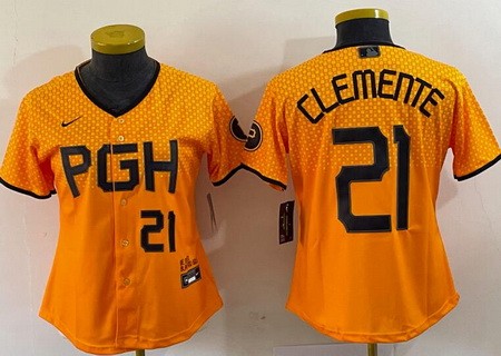 Women's Pittsburgh Pirates #21 Roberto Clemente Yellow 2023 City Connect Player Number Cool Base Jersey