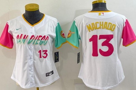 Women's San Diego Padres #13 Manny Machado White Player Number 2022 City Connect Cool Base Jersey