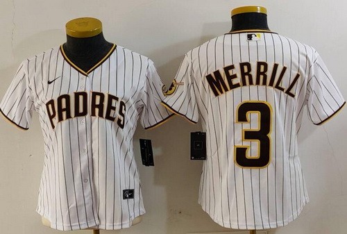 Women's San Diego Padres #3 Jackson Merrill White Team Logo Cool Base Jersey