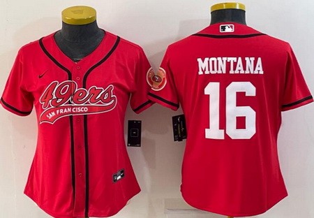 Women's San Francisco 49ers #16 Joe Montana Red Baseball Jersey