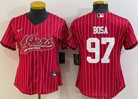 Women's San Francisco 49ers #97 Nick Bosa Limited Red Stripes Baseball Jersey