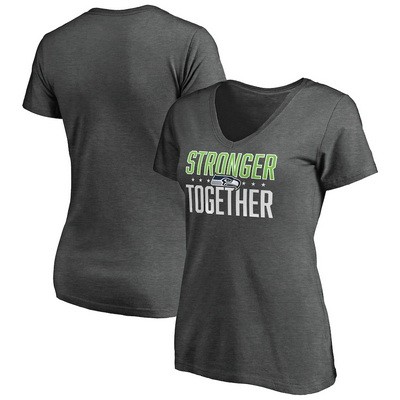 Women's Seattle Seahawks Heather Charcoal Stronger Together V Neck Printed T-Shirt 0818