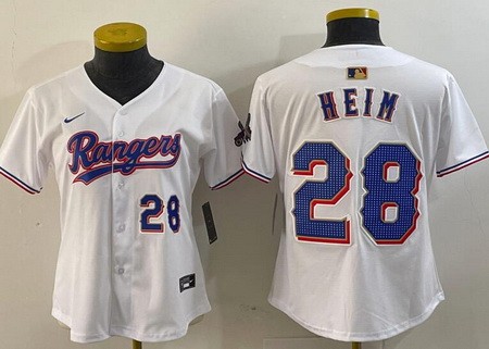 Women's Texas Rangers #28 Jonah Heim White 2024 Gold Collection Player Number Limited Cool Base Jersey