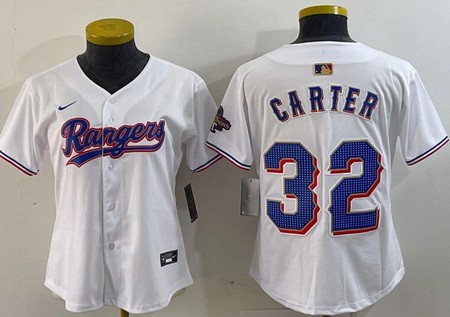 Women's Texas Rangers #32 Evan Carter White 2024 Gold Collection Limited Cool Base Jersey
