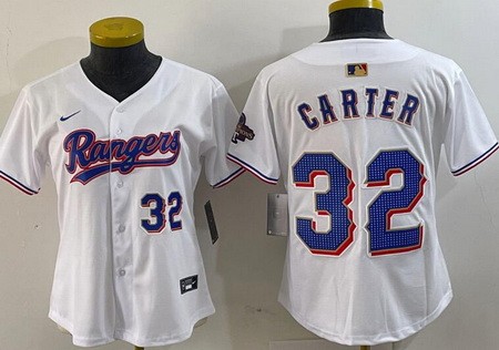 Women's Texas Rangers #32 Evan Carter White 2024 Gold Collection Player Number Limited Cool Base Jersey
