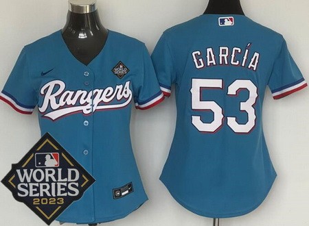 Women's Texas Rangers #53 Adolis Garcia Light Blue 2023 World Series Cool Base Jersey