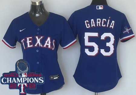 Women's Texas Rangers #53 Adolis Garcia Royal 2023 World Series Champions Cool Base Jersey