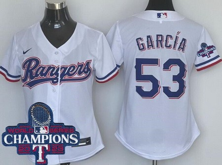 Women's Texas Rangers #53 Adolis Garcia White 2023 World Series Champions Cool Base Jersey