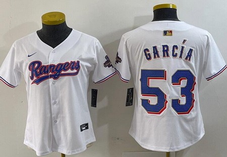 Women's Texas Rangers #53 Adolis Garcia White 2024 Gold Collection Limited Cool Base Jersey