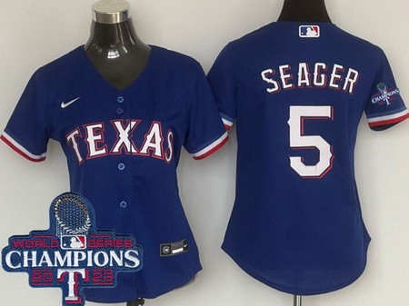 Women's Texas Rangers #5 Corey Seager Royal 2023 World Series Champions Cool Base Jersey