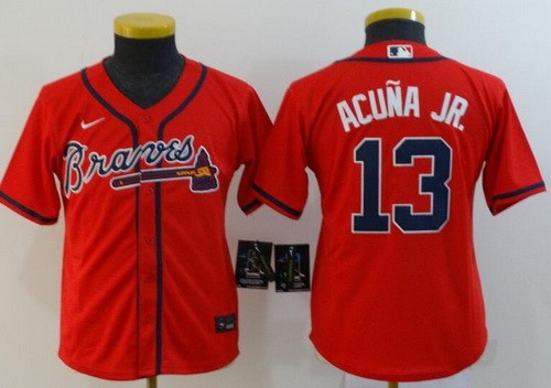 Youth Atlanta Braves #13 Ronald Acuna Jr Red 2020 Cool Base Jersey