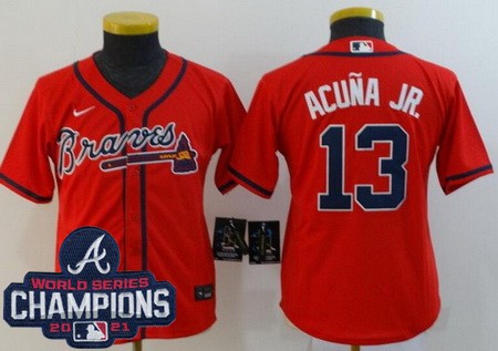 Youth Atlanta Braves #13 Ronald Acuna Jr Red 2021 World Series Champions Cool Base Jersey