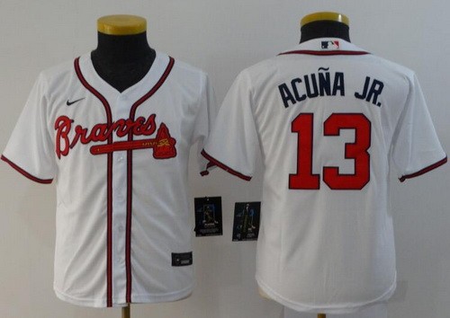 Youth Atlanta Braves #13 Ronald Acuna Jr White 2020 Cool Base Jersey
