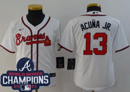 Youth Atlanta Braves #13 Ronald Acuna Jr White 2021 World Series Champions Cool Base Jersey
