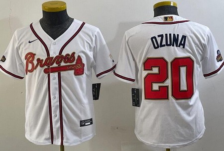 Youth Atlanta Braves #20 Marcell Ozuna White 2022 Gold Program Cool Base Jersey