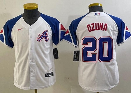 Youth Atlanta Braves #20 Marcell Ozuna White City Cool base Jersey