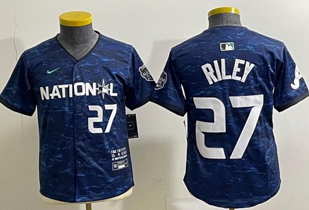 Youth Atlanta Braves #27 Austin Riley Navy 2023 All Star Cool Base Jersey