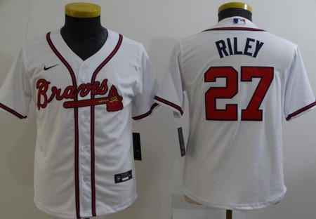 Youth Atlanta Braves #27 Austin Riley White Cool Base Jersey