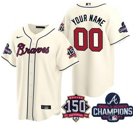 Youth Atlanta Braves Customized Cream 2021 World Series Champions 150th Anniversary Cool Base Jersey