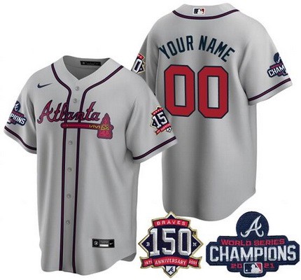 Youth Atlanta Braves Customized Gray 2021 World Series Champions 150th Anniversary Cool Base Jersey