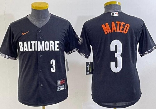 Youth Baltimore Orioles #3 Jorge Mateo Black 2023 City Connect Player Number Cool Base Jersey