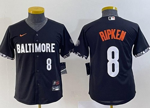 Youth Baltimore Orioles #8 Cal Ripken Black 2023 City Connect Player Number Cool Base Jersey