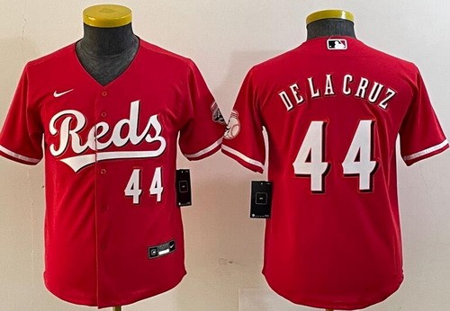 Youth Cincinnati Reds #44 Elly De La Cruz Red Player Number Team logo Cool Base Jersey