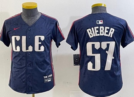 Youth Cleveland Guardians #57 Shane Bieber Navy 2024 City Connect Limited Jersey
