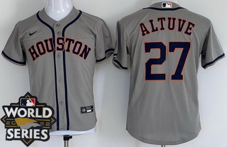 Youth Houston Astros #27 Jose Altuve Gray 2022 World Series Cool Base Jersey