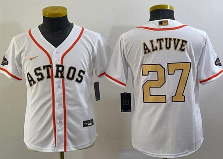 Youth Houston Astros #27 Jose Altuve White 2023 Gold Collection Cool Base Jersey