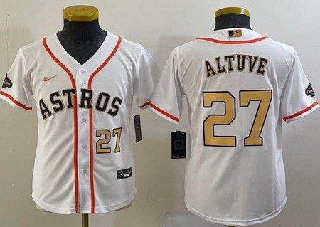Youth Houston Astros #27 Jose Altuve White 2023 Gold Collection Player Number Cool Base Jersey