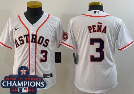 Youth Houston Astros #3 Jeremy Pena White Player Number Team Logo 2022 World Series Champions Cool Base Jersey