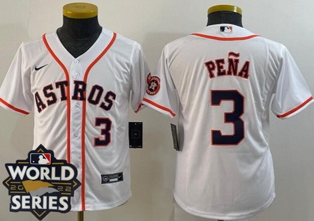 Youth Houston Astros #3 Jeremy Pena White Player Number Team Logo 2022 World Series Cool Base Jersey