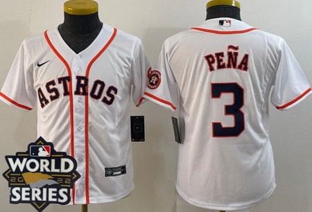 Youth Houston Astros #3 Jeremy Pena White Team Logo 2022 World Series Cool Base Jersey