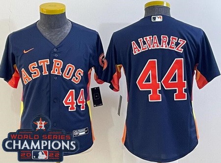Youth Houston Astros #44 Yordan Alvarez Navy Player Number Team Logo 2022 World Series Champions Cool Base Jersey