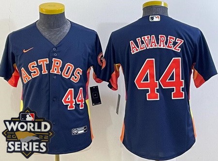 Youth Houston Astros #44 Yordan Alvarez Navy Player Number Team Logo 2022 World Series Cool Base Jersey