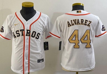Youth Houston Astros #44 Yordan Alvarez White 2023 Gold Collection Cool Base Jersey