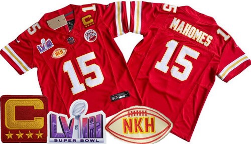 Youth Kansas City Chiefs #15 Patrick Mahomes Limited Red NKH C Patch LVIII Super Bowl FUSE Vapor Jersey