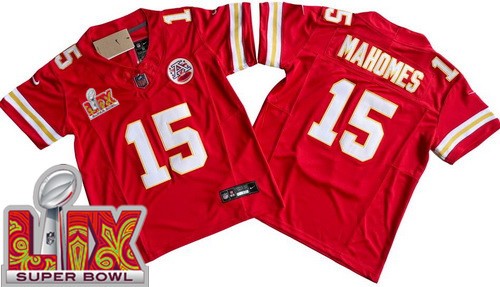 Youth Kansas City Chiefs #15 Patrick Mahomes Limited Red Super Bowl LIX FUSE Vapor Jersey