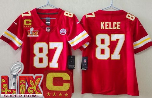 Youth Kansas City Chiefs #87 Travis Kelce Limited Red C Patch Super Bowl LIX Vapor Jersey
