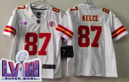 Youth Kansas City Chiefs #87 Travis Kelce Limited White LVIII Super Bowl Vapor Jersey