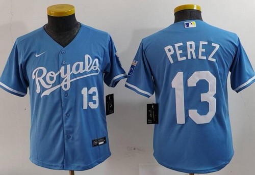 Youth Kansas City Royals #13 Salvador Perez Light Blue Player Number Team Logo Cool Base Jersey